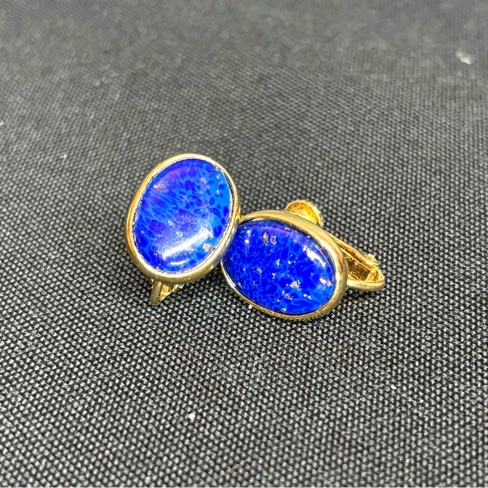 Antique Adjustable Clip-On Earrings, Costume Gold, Blue Acrylic